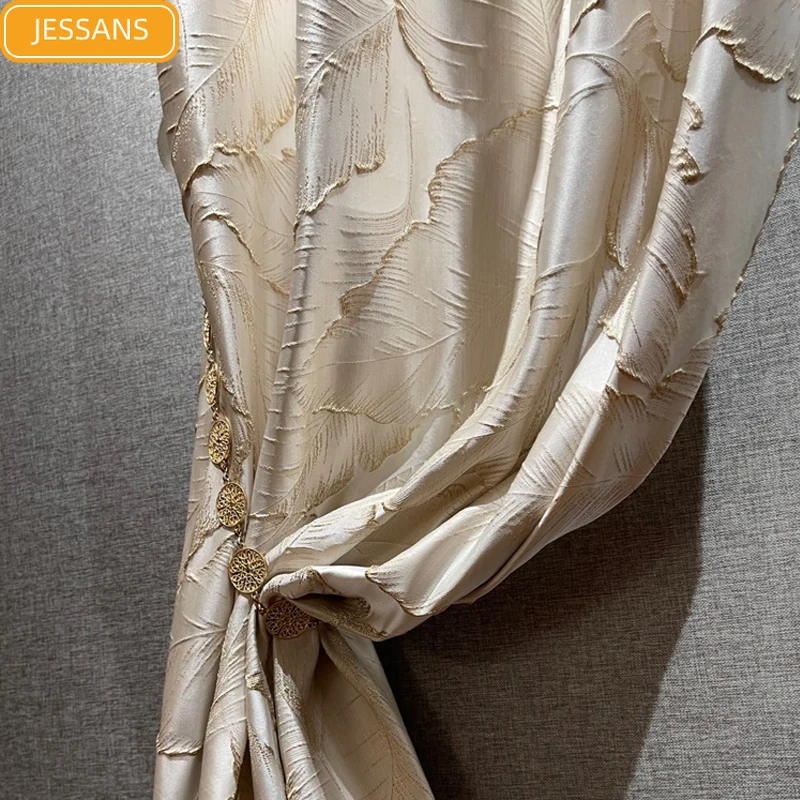 New High-precision Embossed Gold Thread Jacquard Beige Leaf Three-dimensional Curtains for Living Room Bedroom Customization | Дом и сад