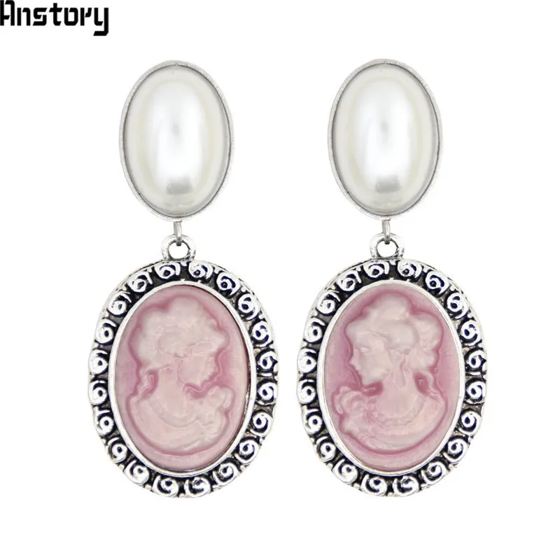 Oval Pearl Earrings Stud For Women Lady Queen Cameo Stud Vintage Look Antique Silver Plated Fashion Jewelry TE492