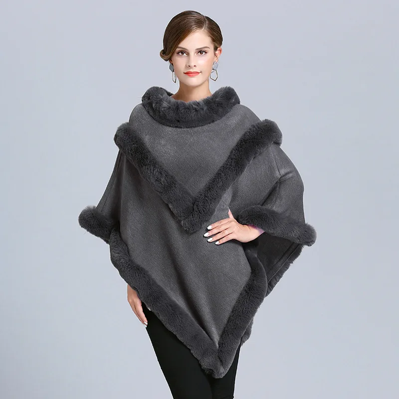 SC385 зимний женский искусственный Лисий мех размера плюс треугольный шаль-свитер вязаный пончо с круглым вырезом меховой полосатый плащ свободные пуловеры - Цвет: Same Color As Photo
