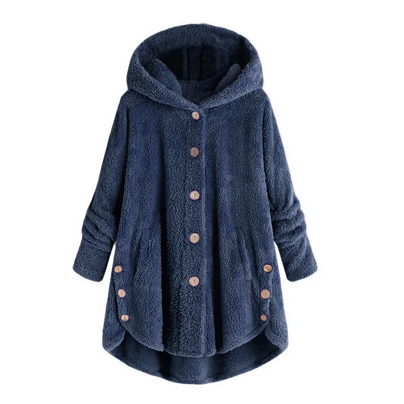 Women New Winter Plus Size S-5XL Button Coat Fluffy Tail Tops Hooded Pullover Loose Oversize Coats Warm Outwear for Fashion