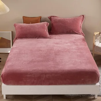 

Fitted Sheet With Elastic Band Bed Linen and Pillowcase Home Bedding set Crystal Velvet Mattress Cover Winter Double Couple Size