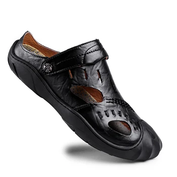 

New Summer Beach Sandals Men Outdoor Casual Leather Hollow Out Slippers Toe Cap Non-slip Flip Flops Comfortable Sandalias Hombre