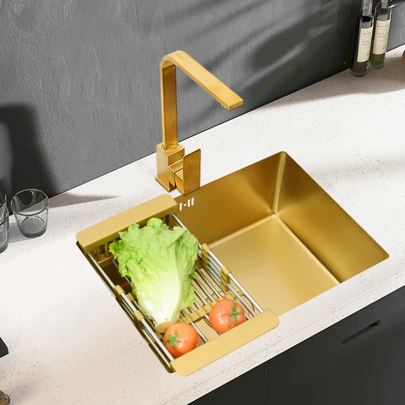 Brushed Gold Kitchen Sink Under Mounte Nano Stainless Steel 304 Single