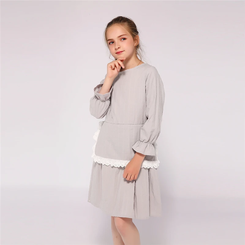 Kseniya Kids/весенне-осенние серые кружевные платья с длинными рукавами для девочек; Новинка из хлопка для детей от 2 до 9 лет