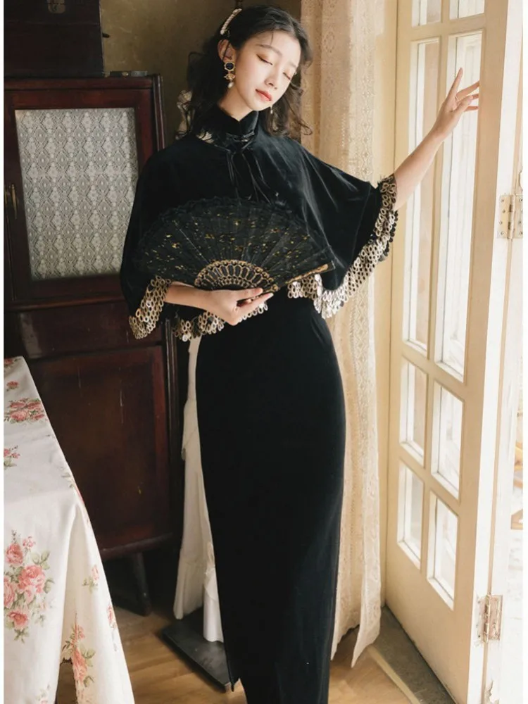 Black Элегантное тонкое китайское платье Qipao, высокое качество, классическое женское бархатное платье Cheongsam, платок с пайетками, сексуальное длинное платье с разрезом, комплект из двух предметов - Цвет: Black