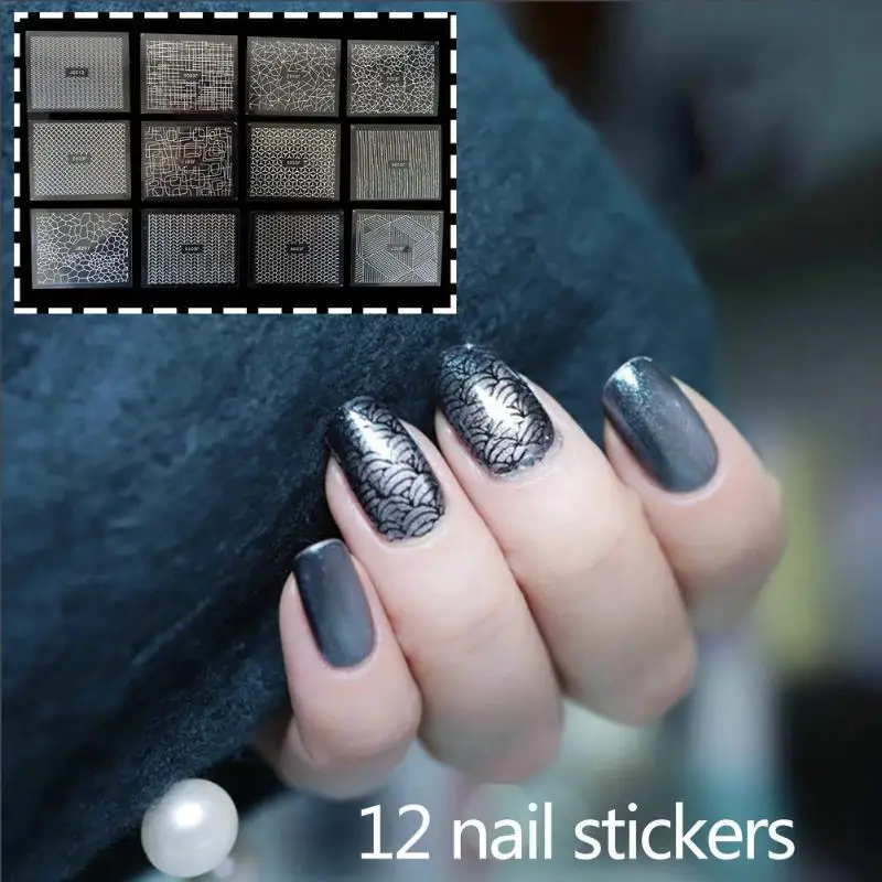 12pcs Laser Hollow Nail Stickers Geometry Water Transfer DIY Manicure Nail Art Decal Nail Decoration Stickers