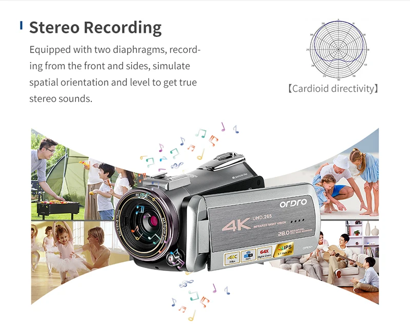 Цифровая профессиональная видеокамера 4K Wifi 64X с цифровым зумом 30FPS с ночным видением ORDRO AZ50 для прямой трансляции