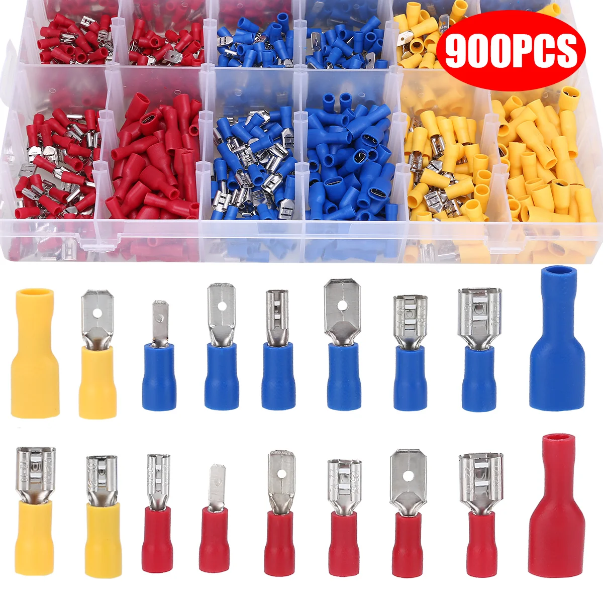 

900pcs/set Male Female Cable Lugs Crimp Insulated Spade Joint Connectors Crimp Terminals Flat Plug Assortment Kit