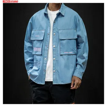 

Dropshipping Men Streetwear Baggy Pocket Overalls Tops 2020 Autumn Cargo Shirts Japanese Fashions Casual Coats Male