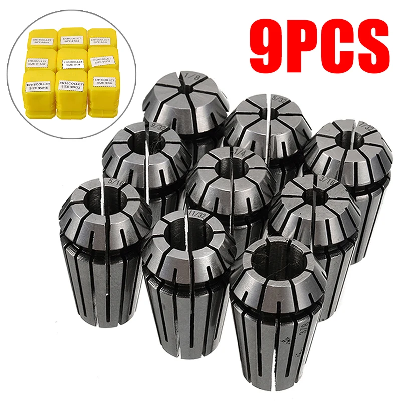 

9Pcs Precision ER16 Spring Collets Set 1/8"-3/8" Spring Collets Set Carbon Steel For CNC Milling Lathe Chuck Tool