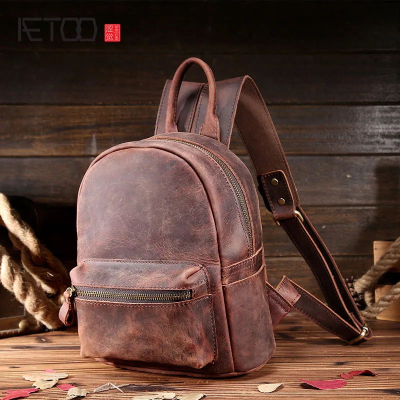 

BJYLMad horse skin ladies shoulder bag round through the first layer of cowhide retro shoulder bag leather personality backpack