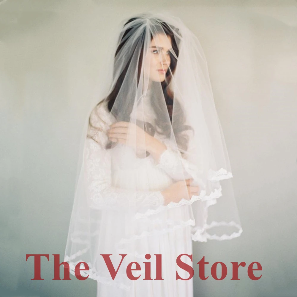 ISHSY Women Short Lace Appliques edge Wedding Bridal Veils Tulle Veils for bride with comb Voile de mariee mariage velo de novia