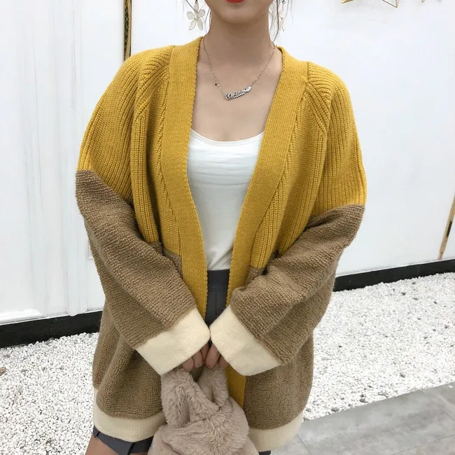 Neploe Pull Jumpers Осень Зима Женский вязаный кардиган контрастный цвет свитер пальто v-образный вырез негабаритная трикотажная куртка 54702