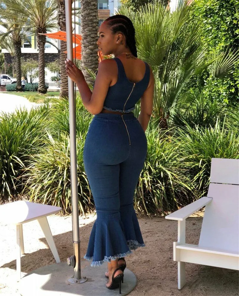 Adogirl/джинсы больших размеров S-3XL, комплект из двух предметов, укороченный топ на молнии, расклешенные брюки, брюки с вырезами для ног, женские джинсовые наряды