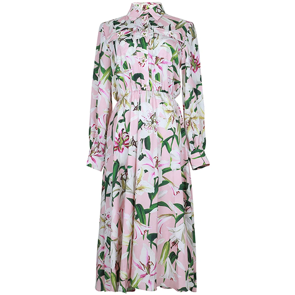 

Red Roosarosee Runway High-end Women Flower Print Button Elastic Waist Long Sleeve Midi Dress Autumn Vestidos Robe Femme Dresses