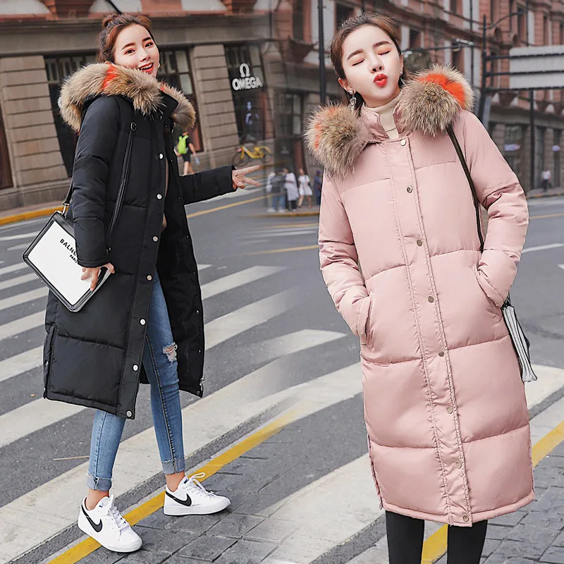 

2019 Winter New Style Cotton-padded Clothes Mid-length Korean-style Large Fur Collar Hooded down Cotton over-the-Knee Thick Cott
