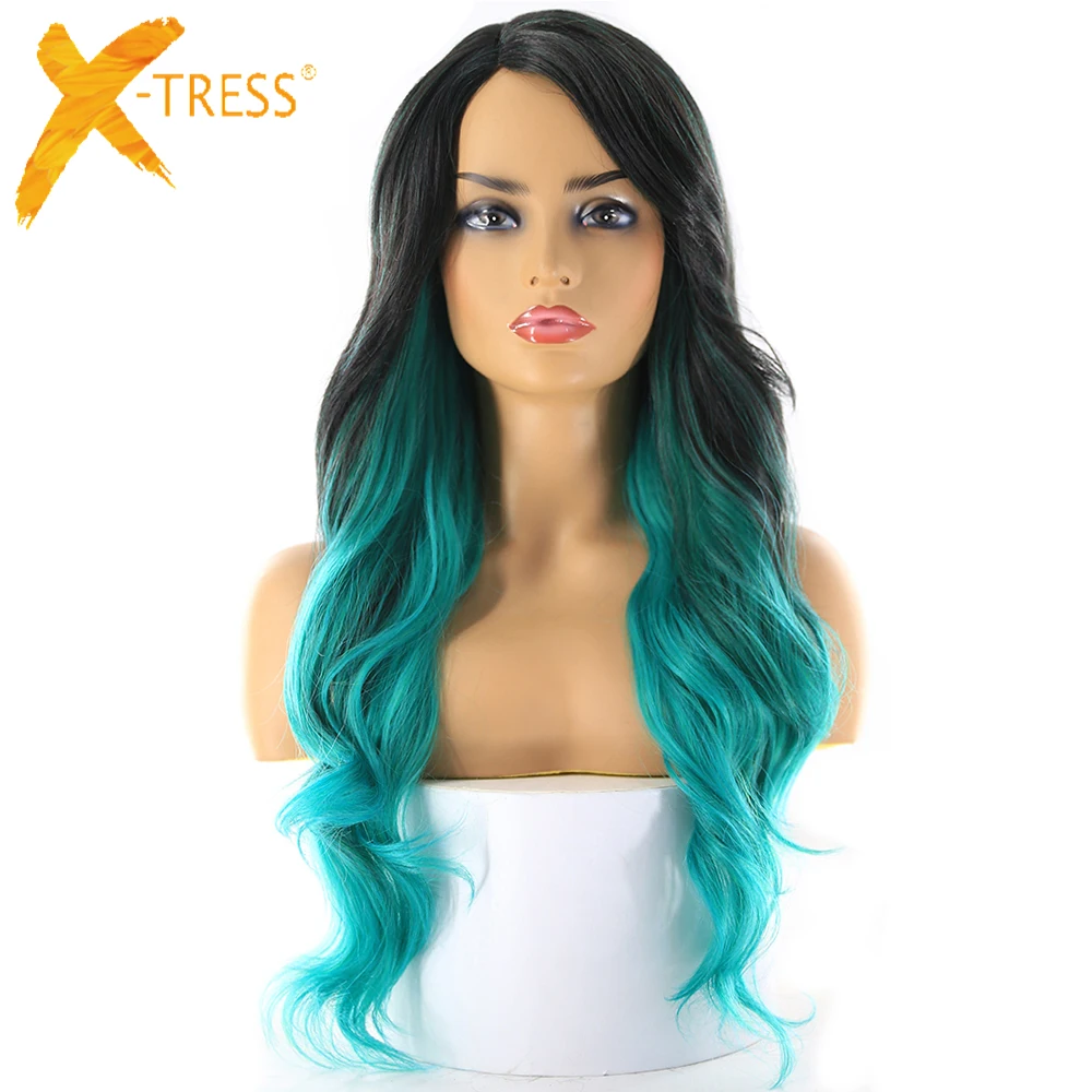 

Green Blue Ombre Color Long Wavy Synthetic Hair Wigs For Women X-TRESS Heat Resistant Fiber Glueless Lace Part Wig With Bangs