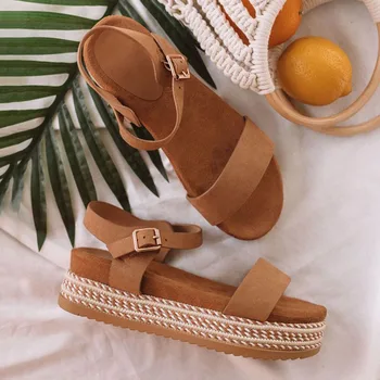 

Women Shoes High Flat Platform Sandals Straw Thick Bottom Ladies Sandals Peep Toe Beach Sandals Belt Buckle Summer Shoes 4.5-11