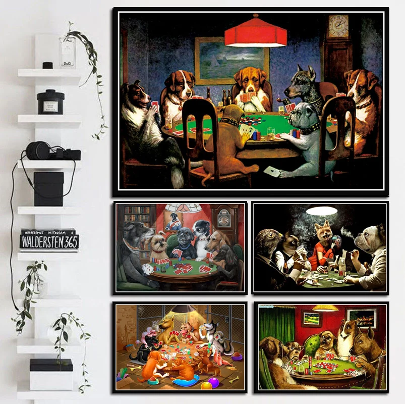 Cats Dogs Playing Poker Funny Collage Cartoon Animal Canvas Oil Painting  Poster Prints Art Wall Pictures Living Room Home Decor - Painting &  Calligraphy - AliExpress