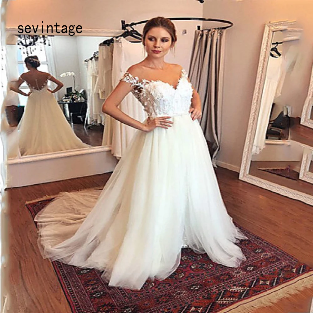 

Modest Formal Wedding Dresses A Line Off the Should Bridal Gowns Backless Lace Appliqued Bride Dress vvestido de festa
