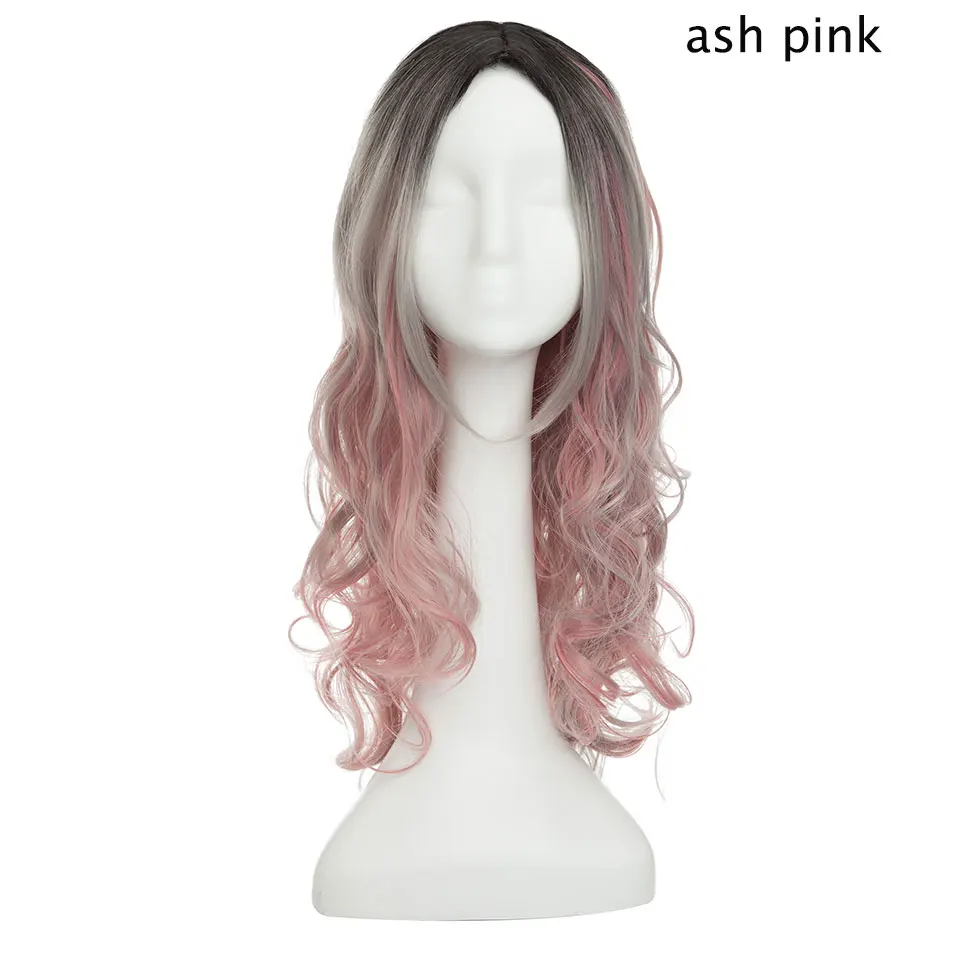 ash pink SNOILITE 24 дюйма длинные волнистые косплей парик Красный Зеленый Пупс Розовый Черный Голубой серебряный серый блонд коричневый 60 см синтетические волосы парик для женщин - Цвет: ash pink