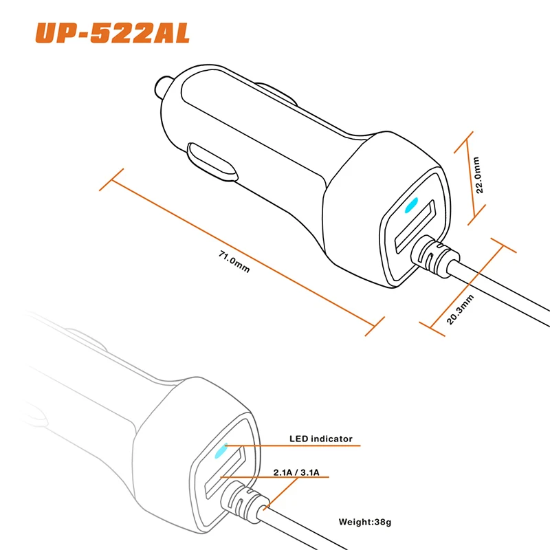 Высокое качество UP522AL 5 V/2.1A провода автомобиля Зарядное устройство USB C Тип в
