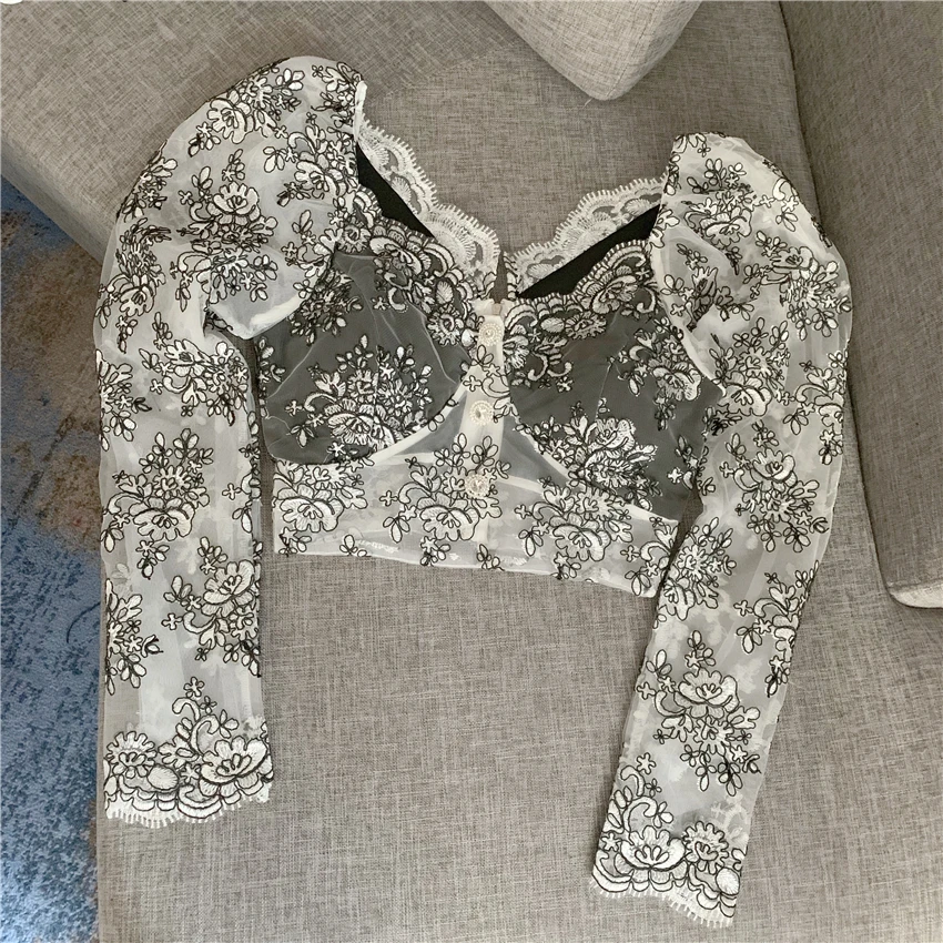 Короткая женская блузка, французский темперамент, сексуальная перспектива, глубокий v-образный вырез, вышивка, длинный рукав, кружевной топ, Женская кружевная рубашка, блузы - Цвет: Многоцветный