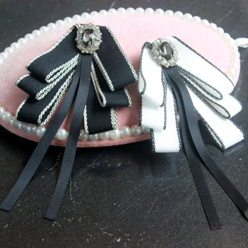 Korean Preppy Style Layered Ribbon Bowtie Rhinestone Jewelry Brooch Pin Necktie High Quality and Brand New