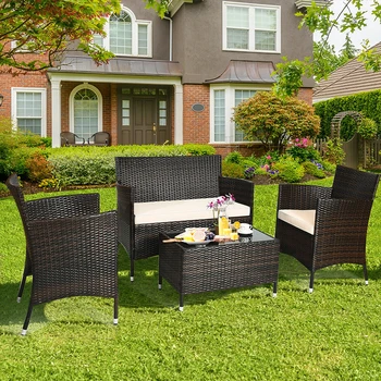 

4 Pcs Patio Hand Woven Toughness Rattan Conversation Set Outdoor Wicker Furniture Ergonomic Backrest Handrail Garden Furniture