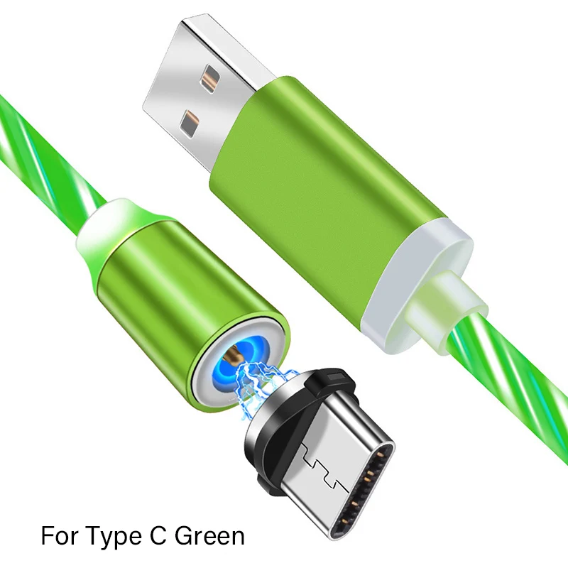 3 в 1 стример Магнитный микро USB кабель для зарядки для samsung Xiaomi type C светодиодный кабель для зарядки для iPhone универсальный кабель для зарядки - Цвет: For Type C Green