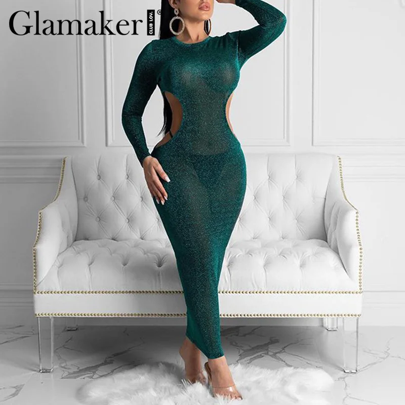 Женское длинное платье с люрексом Glamaker фиолетовое однотонное прозрачное прямое