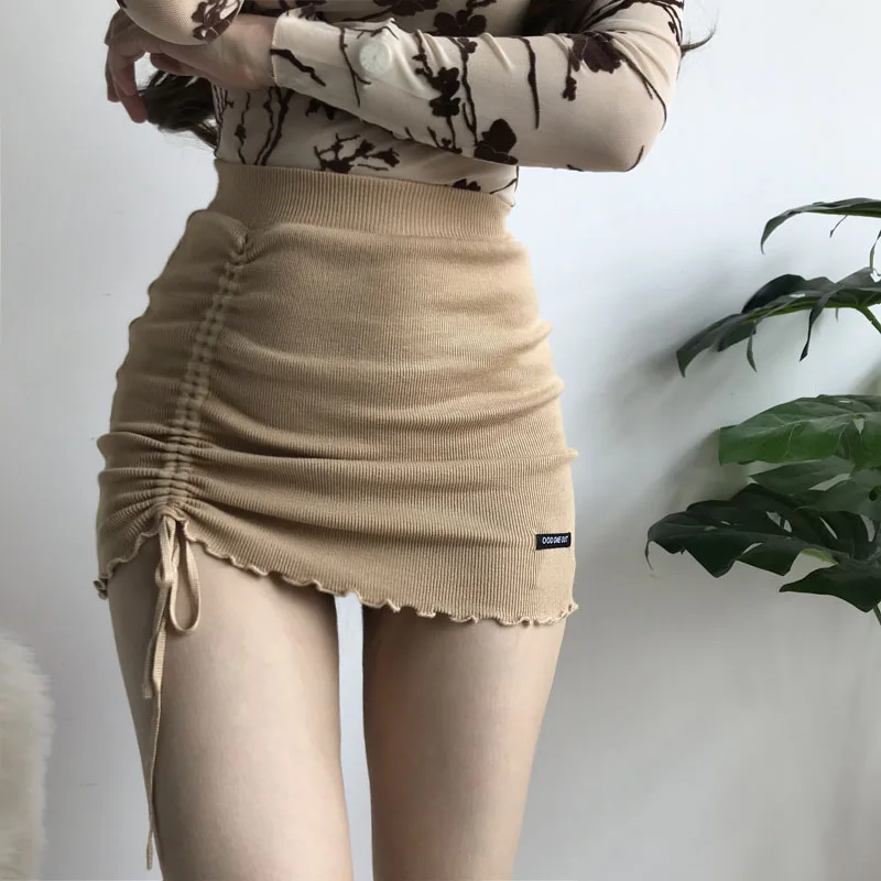 

XIBANI Irregular high waist elastic short skirt tight package hip side drawcord knitted mini skirt sexy fashion street