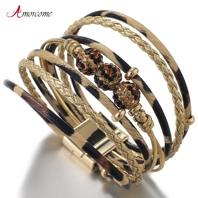 Женский многослойный браслет с шармами Amorcome Леопардовый кожаный широким