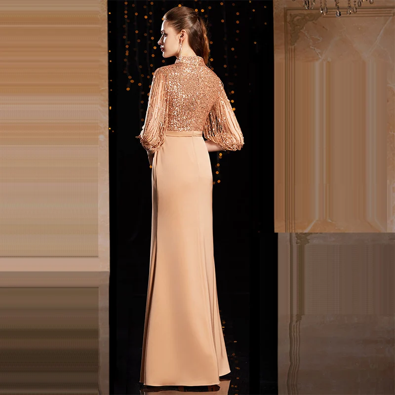 Вечернее платье с рукавом три четверти, расшитое блестками, с бантом, женские вечерние платья, K136, элегантное платье De Soiree, коричневое, длина до пола, вечерние платья