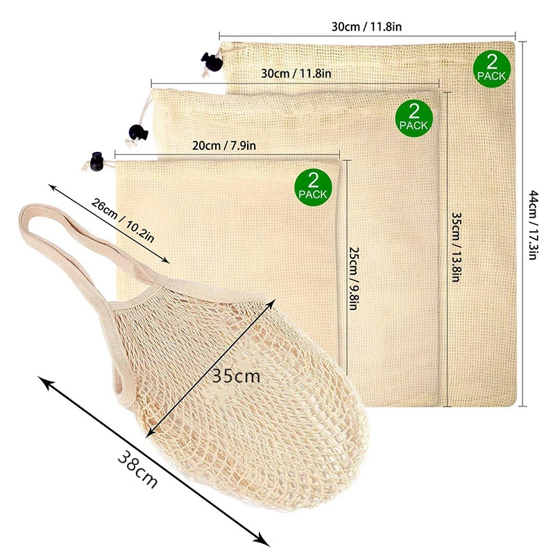 Produce Bags, 7Pcs Natural Cotton Mesh Bag, Net Shopping Tote, Reusable Produce Bags,Washable,Lightweight,See-Through,Perfect fo