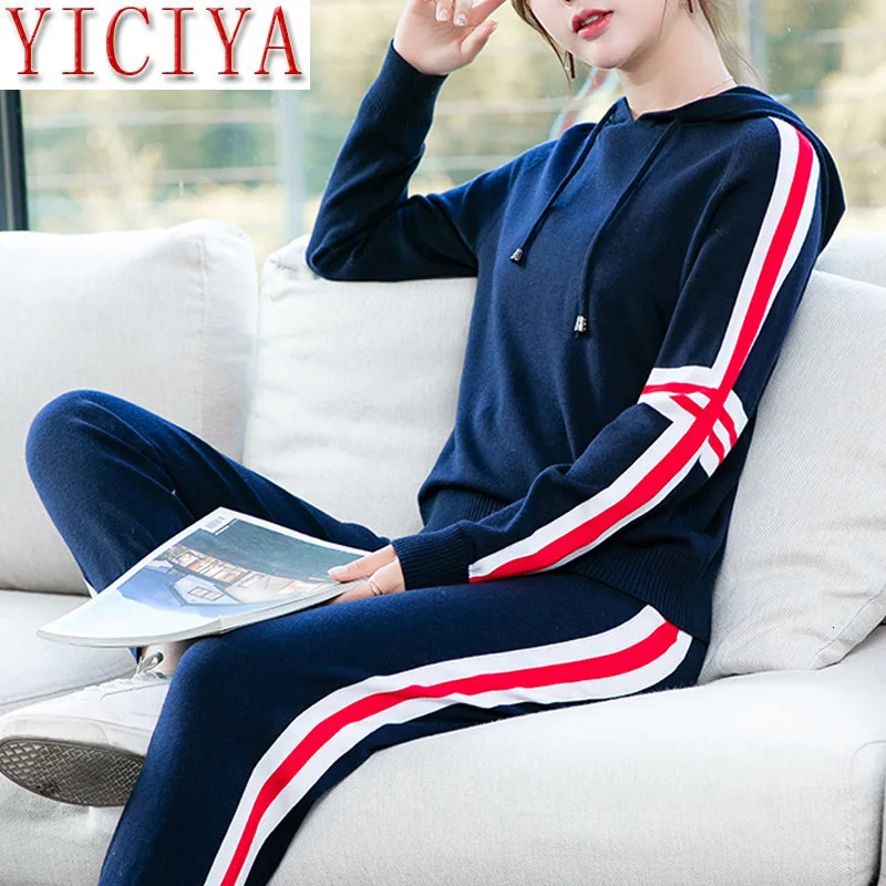 

Elegant Two 2 Pieces Set Women Outfits Winter Autumn Knitted Tracksuit Sweater Hoodies Warm Knit Pants Clothing High Quality