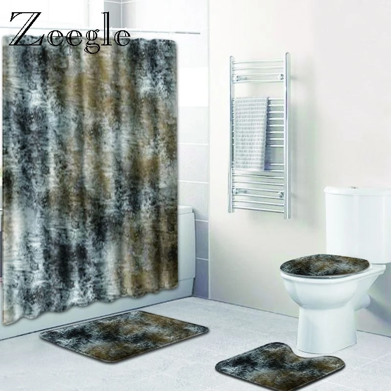 Zeegle Waterproof Shower Curtain Anti Slip Toilet Pedestal Rug Bathroom Doormat Mat Absorbent Foot 4pcs Bath Set | Дом и сад