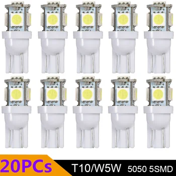 

20x T10 W5W 168 194 192 LED Lights Car 5050 5 SMD Bulb Reading Dome Lamp License Plate Bulbs Marker Light Wedge White 12V