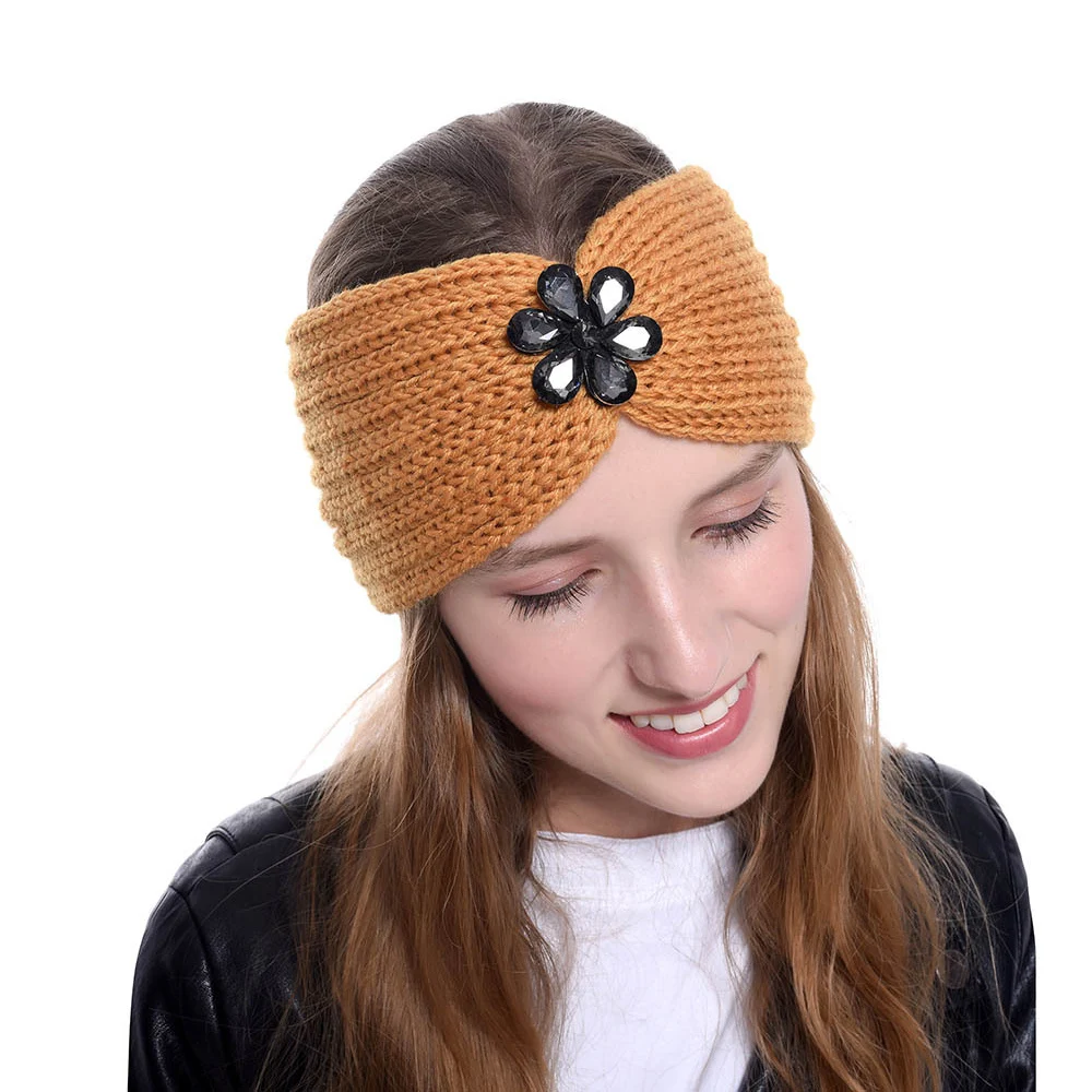 

Cute Knitting Headband Women Crystal Rhinestone Spliced Solid Handmade Keep Hairbands Winter Warm Headbands Hair Accessories