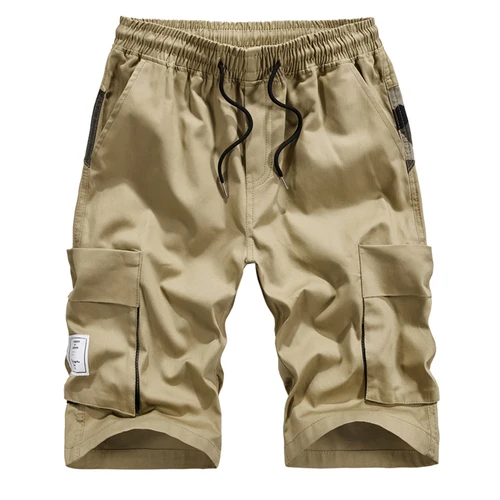 Бежевый Men's Summer Casual Fashion Solid Color Tooling Shorts Loose Straight Khaki Army Green Black Men's Sports Shorts Asian Size - Цвет: Бежевый