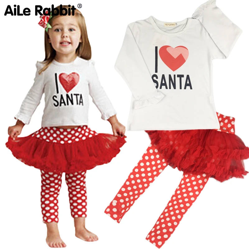

Girls Christmas Set Long Sleeve T-Shirt Pants 2 Piece Set Tutu Polka Dot Leggings Letter Top Suit Children's Wear k1