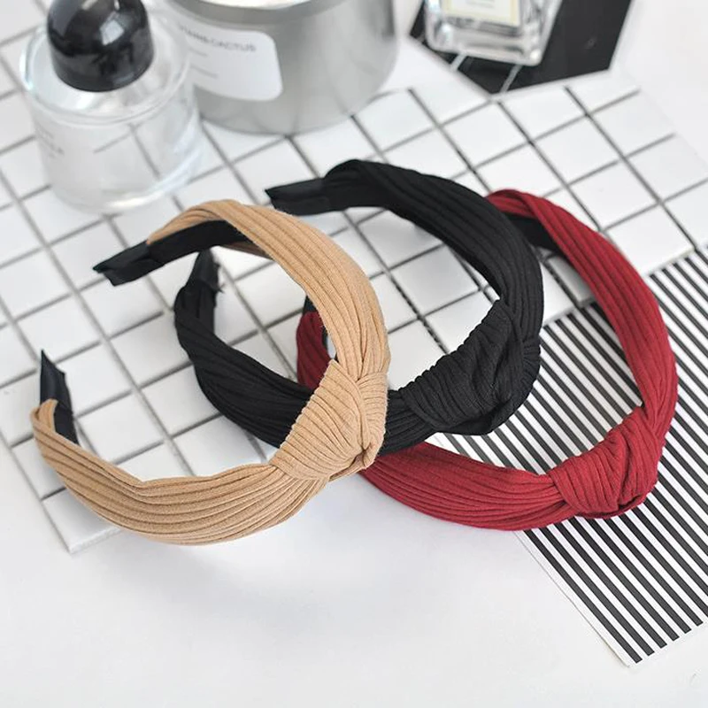 

New Solid Color Headwear Knit Knotted Headbands Wide-brimmed Stripe Hair Bands Soft Elastic Hairbands Hair Accessories Female