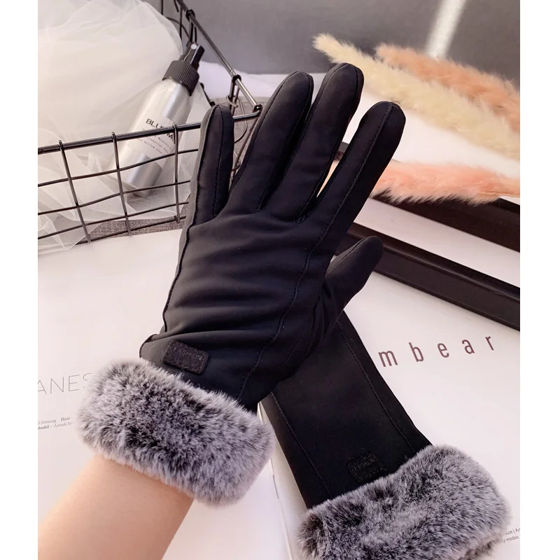 Winter leather gloves female cute students plus velvet thickening Japanese touch screen bike windproof cold weather warm gloves