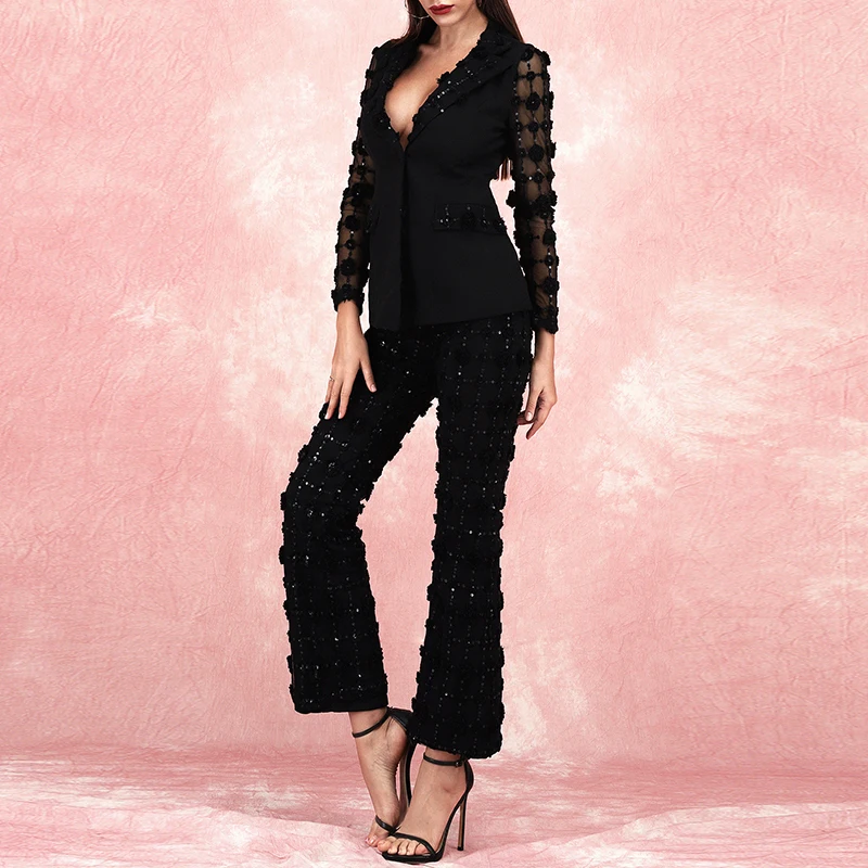 INDRESSME, новинка, элегантные модные женские костюмы, комплект из 2 предметов, с v-образным вырезом, с сеткой, с блестками, полный рукав, Блейзер, брючный костюм