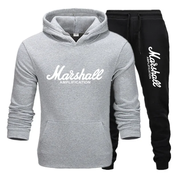 Новая стильная мужская одежда marshall, корсет, мужские Модные худи+ брюки, зима-осень, хип-хоп, Брендовые мужские - Цвет: Light grey-black