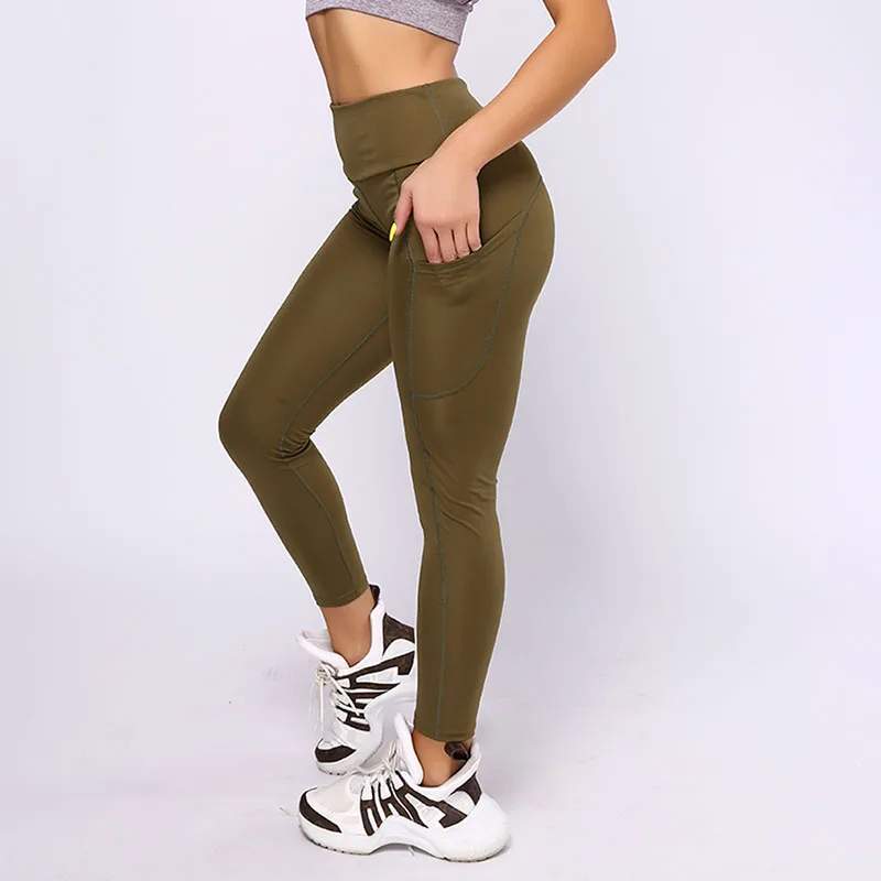 HIFOLK Fitness Women Leggings High Waist Push up Workout Leggings with Pockets Patchwork Design Leggins Polyester Elastic Pants - Цвет: army green