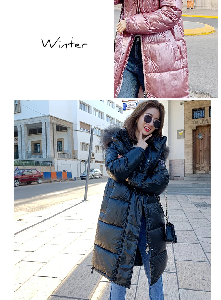 Thick Parka Coat Long Winter Jacket Women Hood Fur Plus Size Female Lady Warm Outerwear Puffer Quilted Shining Stylish Hat
