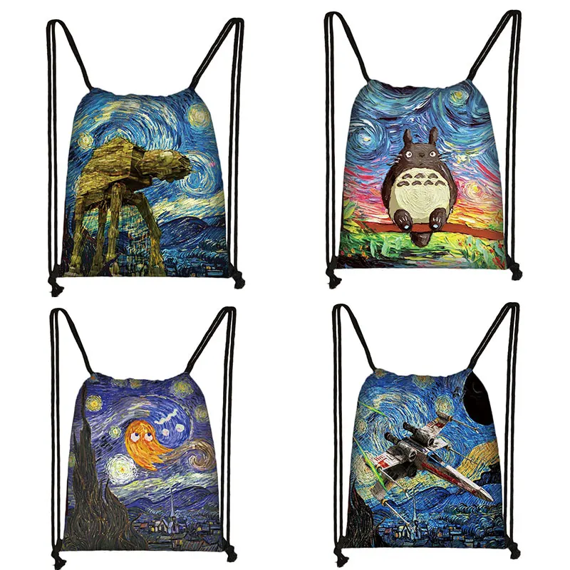 Fashion Starry Night Painting Van Gogh Drawstring Bag totoro pattern Daypack Travel Bag Small Backpack Beach Pouch Kids Gift
