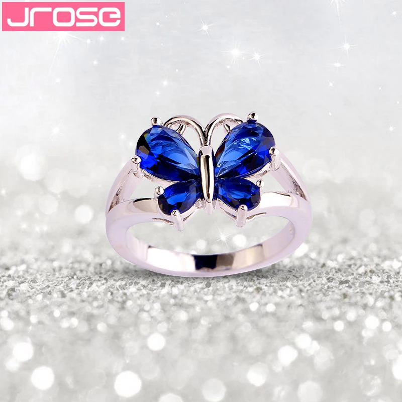JROSE Блестящая бабочка модное синее Серебряное кольцо Размер 6 7 8 9 10 11 оптовая