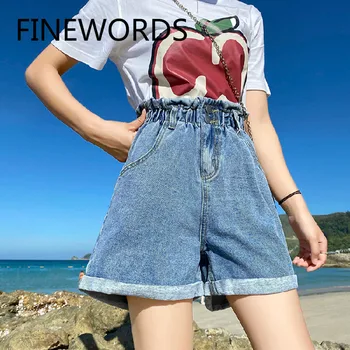 

FINEWORDS 2 Button Elastic Waist Short Jeans Women Summer High Waist Denim Shorts Plus Size Wide Leg Loose Casual Jeans Shorts